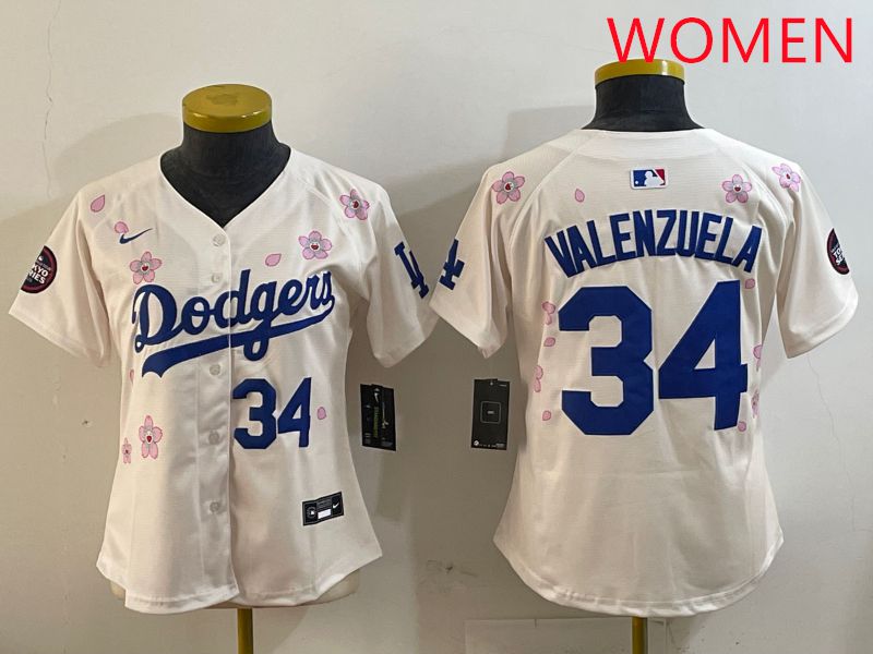 Women Los Angeles Dodgers #34 Valenzuela Cream Sakura Edition 2025 Nike MLB Jersey style 8